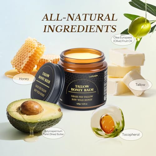 Lazibudgha Grass-Fed Beef Tallow and Honey Balm for Face & Body, 4.2 oz