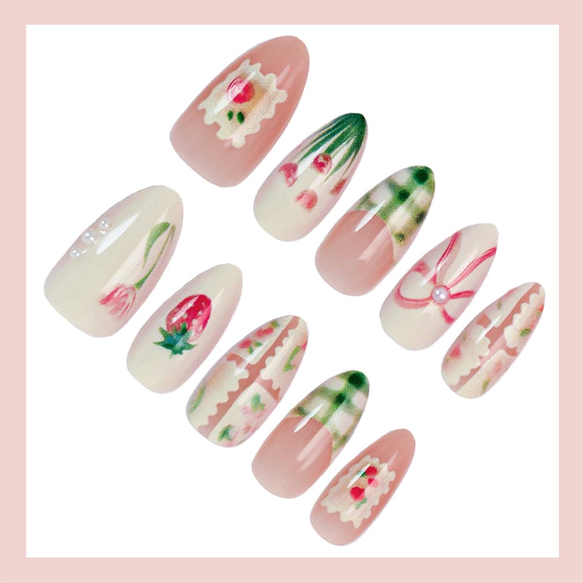 Almond Shape Press-On Nails - Cute Green French Tip with Flower & Strawberry Bow Designs | 30 Pcs Glossy Pink Acrylic for Summer Manicure