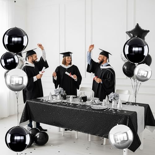 16Pcs 4D Black Silver Foil Balloons for Party Decorations