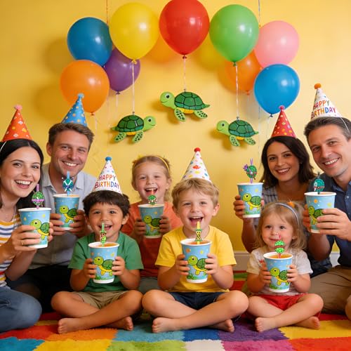 24 Reusable Green Turtle Drinking Straws Set for Kids Parties