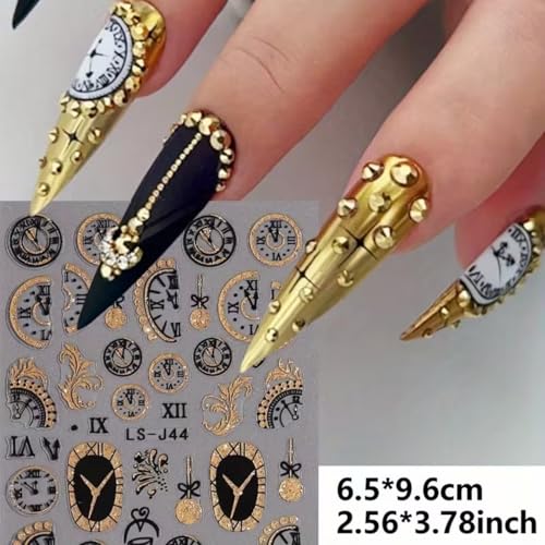 Christmas 6Pcs 3D Nail Stickers Set - Self-Adhesive Gold Glitter Clock & Countdown