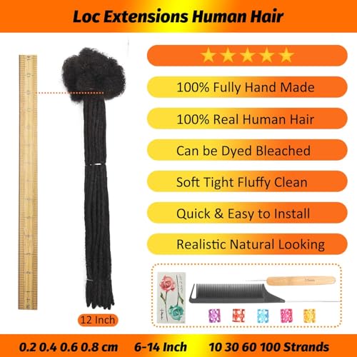 LIKIMIYA 12 Inch Human Hair Dreadlock Extensions 0.6cm Width 10 Strands Natural Black