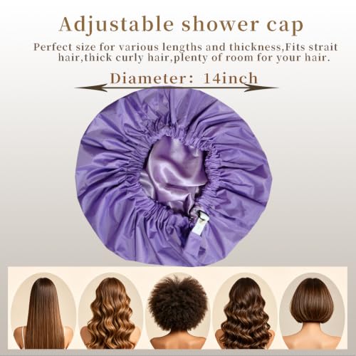 Genergy Large Satin Lined Shower Cap Set - L-Purple & Purple Flower