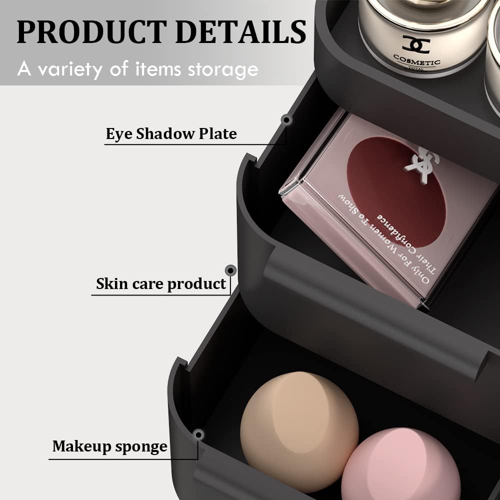 Makeup Organizer - Stackable Vanity Storage Box for Cosmetics & Jewelry | Black Drawer Tray