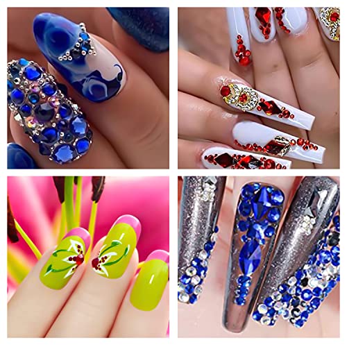 XEAOHESY 1620Pcs Red & Blue Nail Rhinestones for Nails & Crafts, Multi-Shaped & Sized Gems