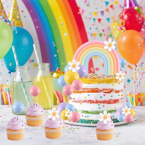 Rainbow Cake Topper Set with Pastel Balls & Daisy Decorations