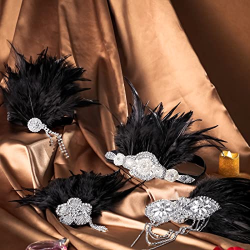4 Pcs Vintage 1920s Flapper Headband Set - Rhinestone Feather Headpiece