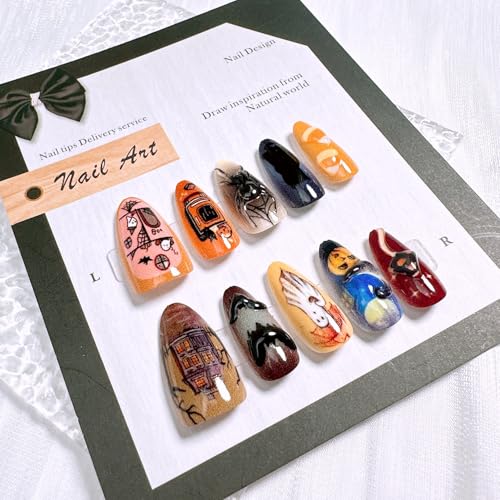 30Pcs Halloween Press On Almond Nails with 3D Spider & Bat Designs