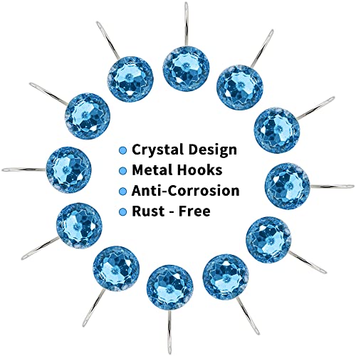 MitoVilla 12PCS Blue Diamond Crystal Shower Curtain Hooks - Rust Proof & Easy Glide