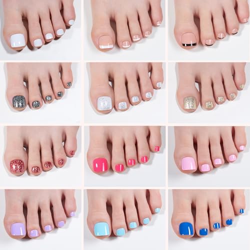 Beetles Glitter Rush Press On Toe Nails Kit - 288 Pcs Short Squoval Fake Nails with Glitter, 12 Colors, Nail Glue & Accessories