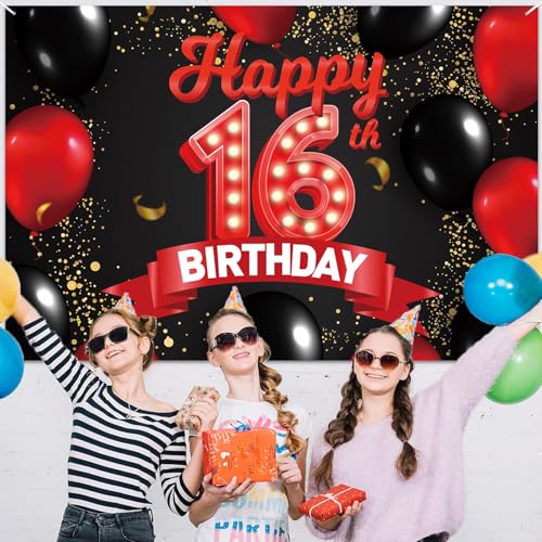 16th Birthday Red and Black Banner Backdrop - Girls Party Decor