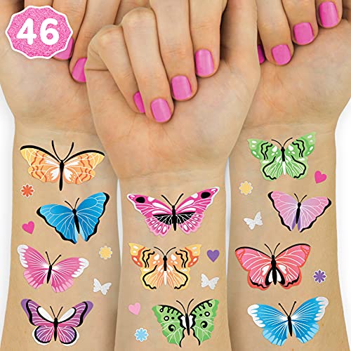 Rainbow Butterfly Temporary Tattoos - 46 Glitter Designs for Parties