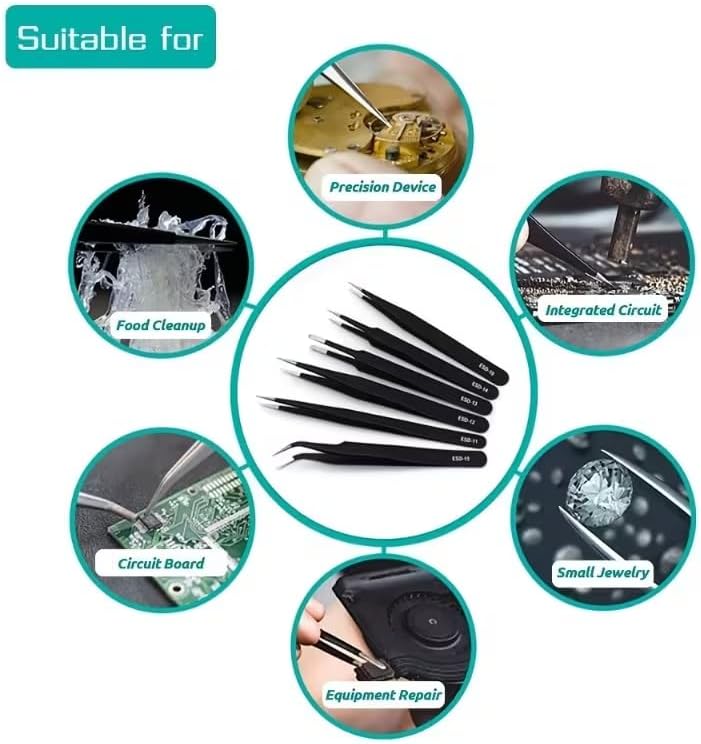 Precision Tweezers Set - 6-Piece Heavy-Duty Fine-Point Tweezers for Electronics Repair & Crafting | Pointed & Curved Tips