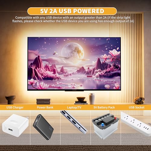 PAUTIX 5V USB LED Strip Lights - Dimmable Warm White 6.56ft Backlight