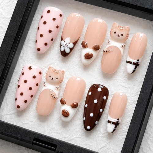 RIICFDD 3D Handcrafted Almond Press-On Nails with Floral Art, French Tips, Reusable