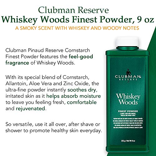 Clubman Reserve Whiskey Woods Body Powder for Men - 9oz, Moisturizing & Fresh Scent