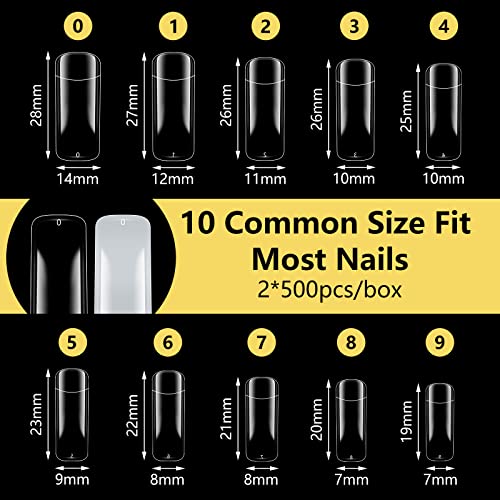Yokilly Square Nail Tips Set - 1000 Pieces Natural & Clear Fake Acrylic Nails with 10 Sizes for DIY Manicure