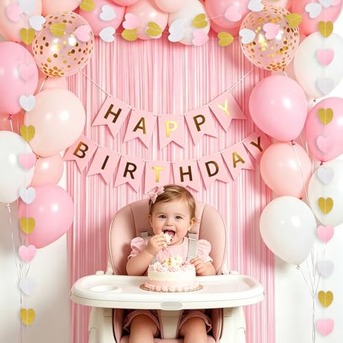 Pink Birthday Decorations Set for Girls & Women - Banner, Balloons, Cake Topper & More