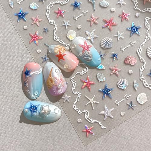 Quezadyl Starfish Nail Art Stickers 2 Sheets Summer Seashell 5D Embossed Shell Decals for Manicure and Nail Design