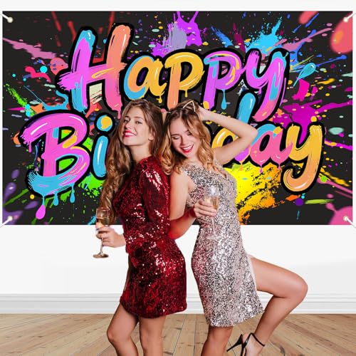 Neon Birthday Banner Backdrop - 72x43 Inch Glow in The Dark Decoration