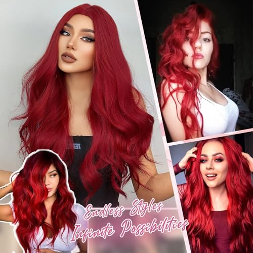 MYQUEEN 26-Inch Red Wavy Lace Front Wig for Women - Glueless Long Curly Synthetic Hair