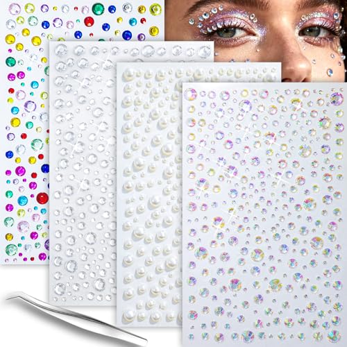 Self-Adhesive Face Gems 4 Sheets for Makeup & Body Art - Tiebblove