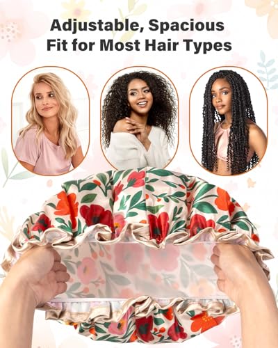 mikimini Reusable Waterproof Shower Cap for Women - Medium, Floral, Pack of 2, Spring Design