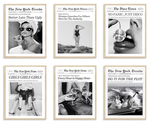 Retro New York Newspaper Wall Art Set - 6 Unframed 8x10 Prints