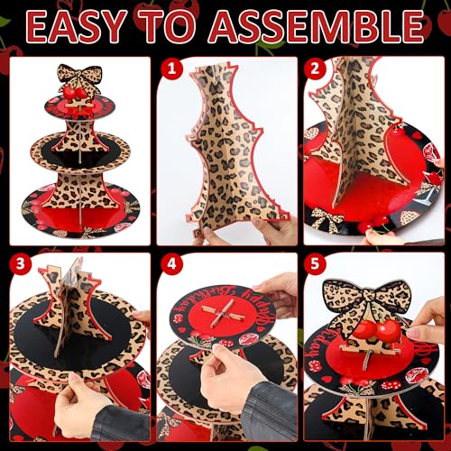 Cheetah Cherry Cupcake Stand Set with 24 Cake Toppers - 3 Tier Leopard Print Dessert Holder for Birthday & Party Decorations