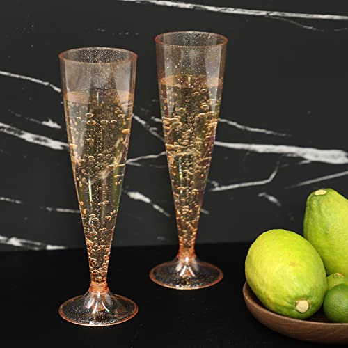 Homy Feel 30 Pack Rose Gold Glitter Champagne Flutes - 5OZ Disposable Wine Glasses for Parties & Events