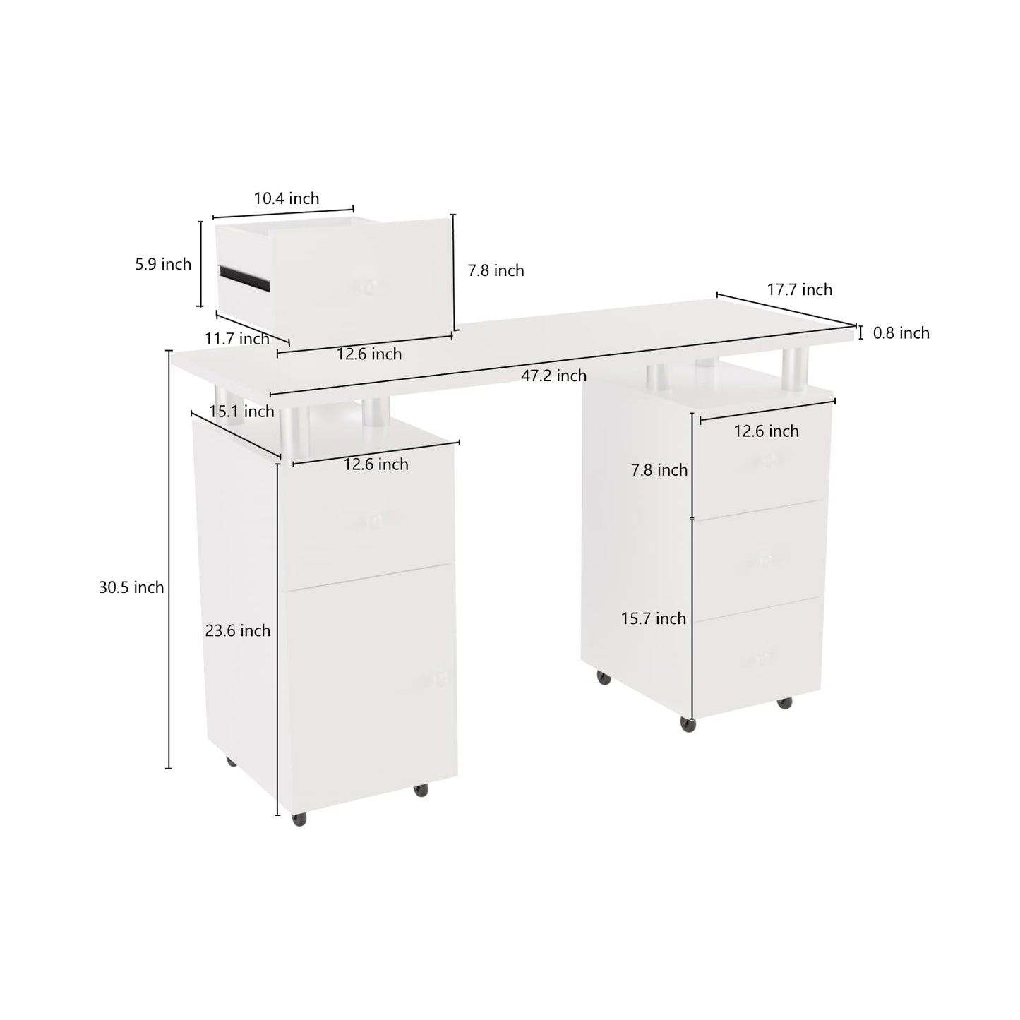 Cimcame Nail Desk for Nail Tech 47 inch Manicure Table with Drawers/Wrist Pad/Lockable Wheels Acetone Resistant Nail Art Station for Salon Spa Beauty Bar Technician,White