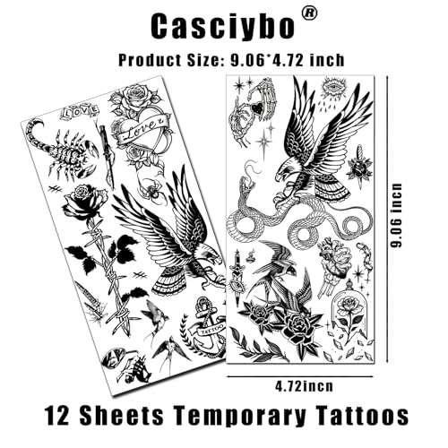 Black Old School Temporary Tattoos for Adults - 300+PCS Retro American Style Fake Arm Tattoos, Waterproof & Easy to Apply