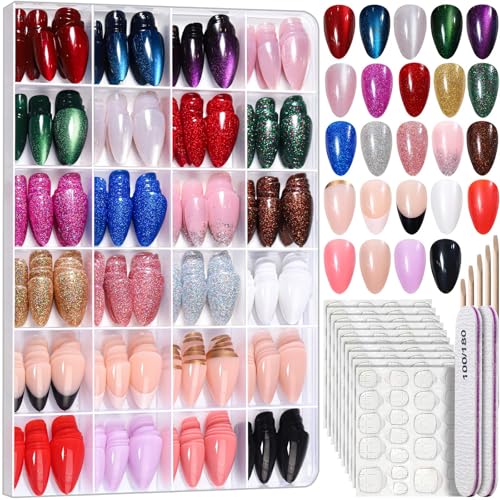 FANDAMEI Short Almond Press on Nails Kit - Cat Eye, Glitter, French Tip (576PCS)