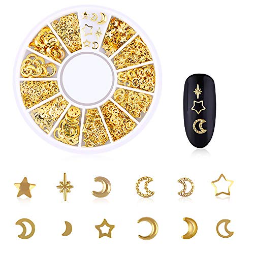 WOKOTO 3D Nail Charms Kit - Gold Nail Art Jewelry with Rose, Star, Moon, Feather Shapes, Includes Tweezers & Picker Pencil - Variation KIT3