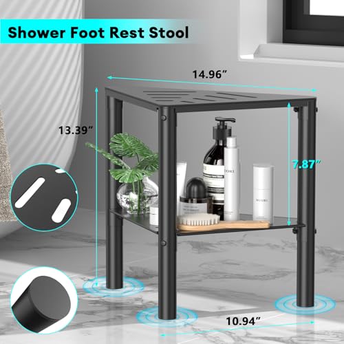 YAJONUE Corner Shower Stool with Storage Shelf & Non-Slip Foot Rest
