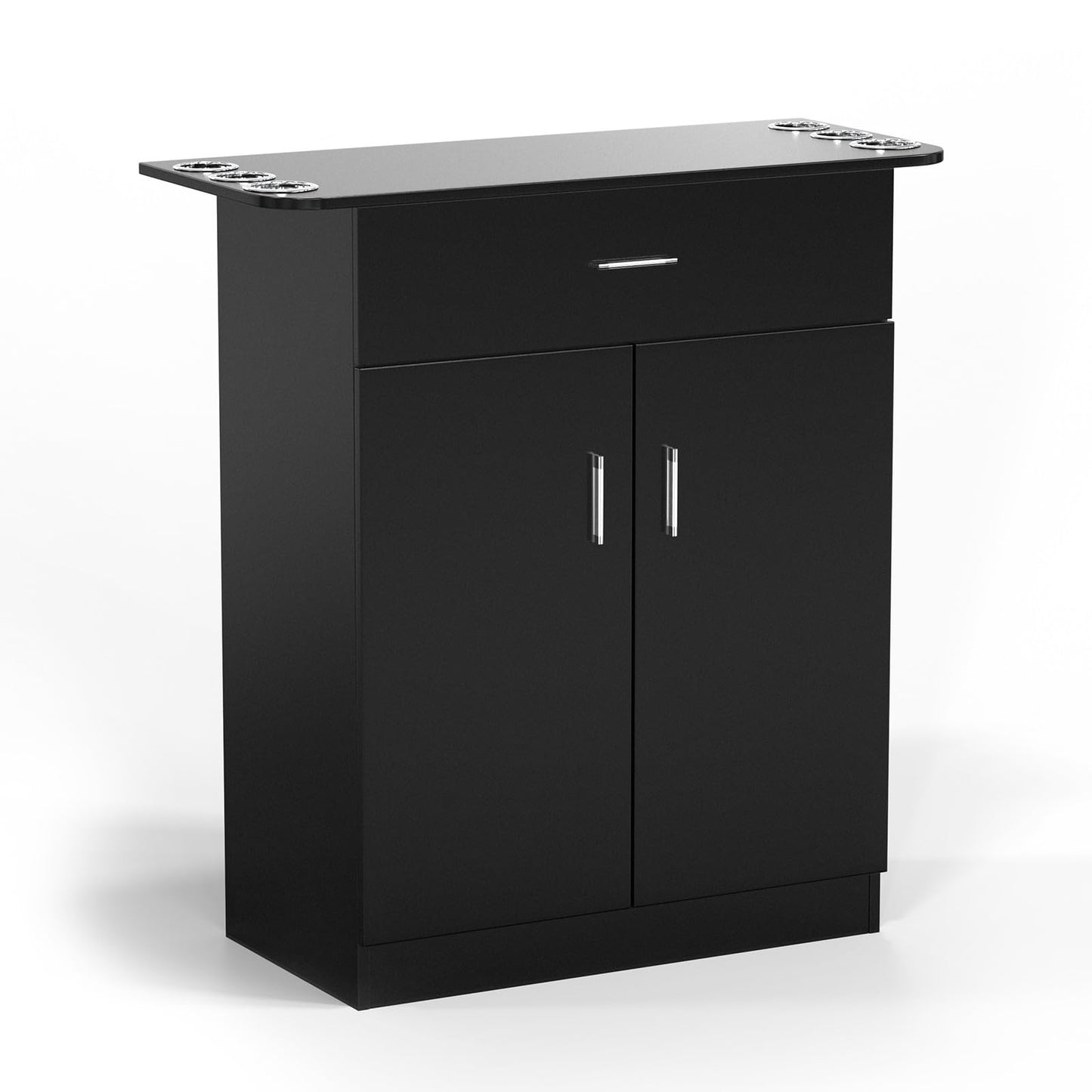 OmySalon Salon Station Barber Storage Cabinet, Free Standing Beauty Hair Stations, Beauty Salon Spa Equipment Hair Styling Utility Unit with 1 Drawers, 1 Storage Cabinet, 6 Hair Dryer Holders, Black