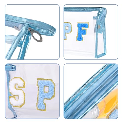 Blue Clear Preppy Makeup Bag with Chenille Letter Patch, Waterproof Travel Toiletry Organizer