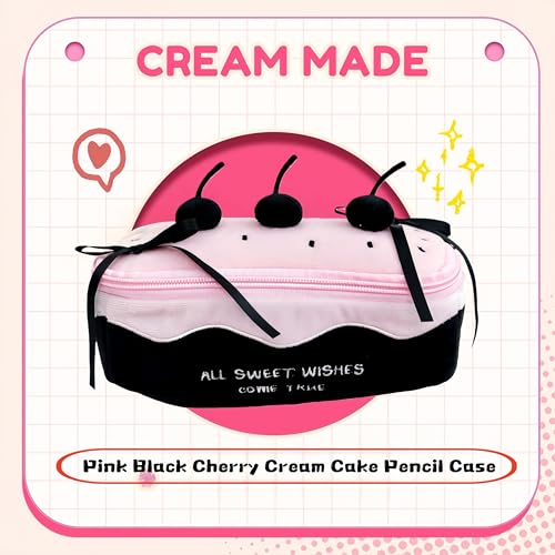 Corduroy Cherry Cake Pencil Case - Large Capacity Pouch, Black