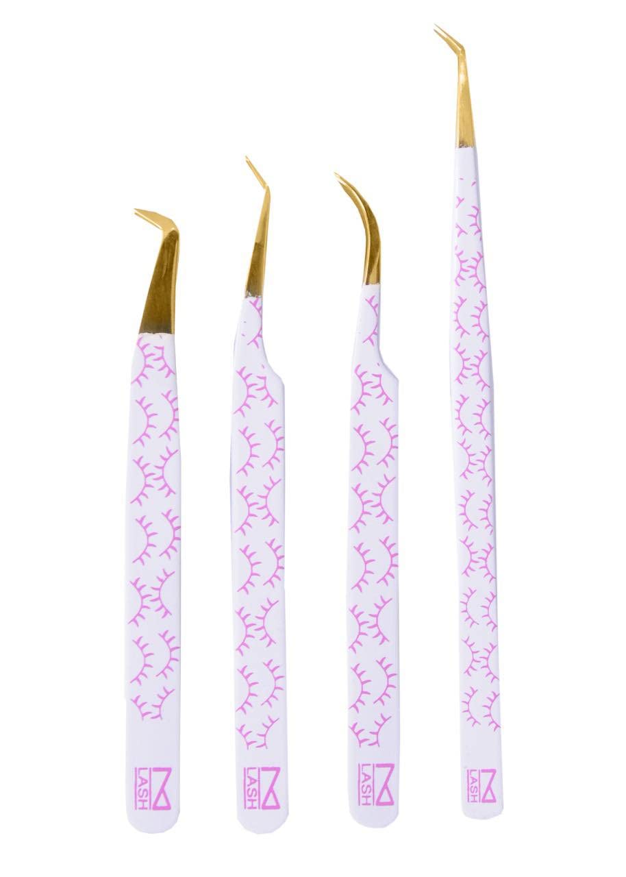 M LASH Tweezers for Eyelash Extensions (Set of 4) - Professional Lash Extension Tweezers - Fiber Tip, Japanese Steel, Diamond Grip Eyelash Extension Tweezer (WP-SET)