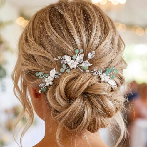Pearl Wedding Hair Pins with Green Leaf Design - Pack of 3