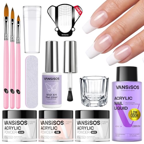 Acrylic Nail Kit - 40ml Low-Odor Liquid, 3 Powder Colors & Gel Liner - Variation F