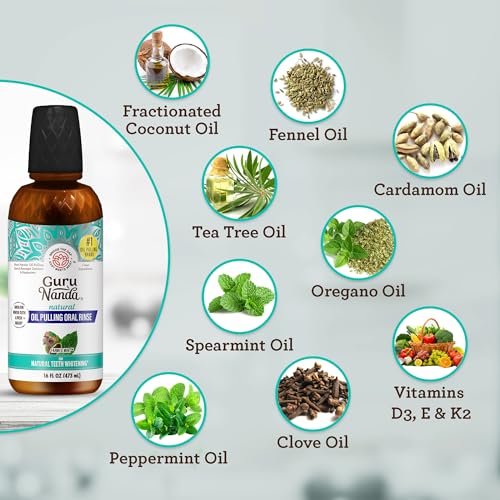 GuruNanda Farmed Mint Oil Pulling Mouthwash for Complete Oral Hygiene, 7 Essential Oils & Vitamins for Happy Teeth & Gums & Fresh Breath, Alcohol-Free, 16 oz
