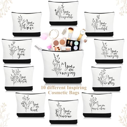 Coume 10 Pack Canvas Makeup Bags with Inspirational Quotes - Travel & Gift Set