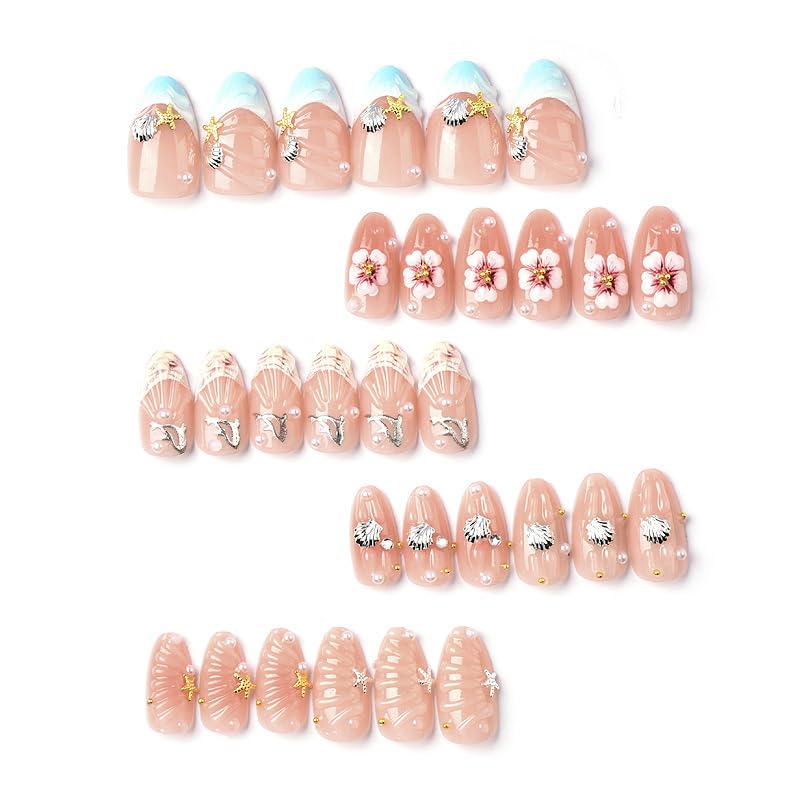 Tnampv Style 1 30Pcs Summer Almond Press On Nails Ocean Beach Fake Nails with Flower Seashell Design