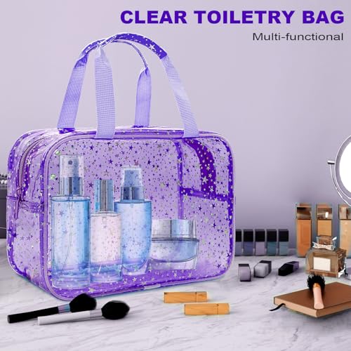 Large Clear Purple Star Makeup Bag - 12x5x8 inch Travel Organizer