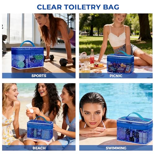 Junesters Dark Blue Clear Waterproof Makeup Bag - Travel Toiletry Organizer