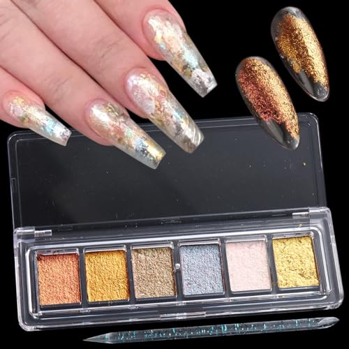Fcozpjk Metallic Nail Art Glitter Set with Gold Chrome Flakes – 6 Colors, Mud Texture, Gold Leaf & Chameleon Chrome for Nails