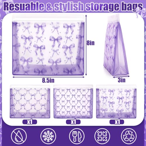 Colarr Reusable Purple Bow Lunch Bags - 3 Pack Leakproof PEVA Storage