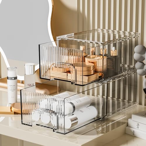 ZHIAI 2 Short Pack Clear Stackable Cosmetic Organizer - Acrylic Drawer Storage for Makeup, Vanity, Kitchen