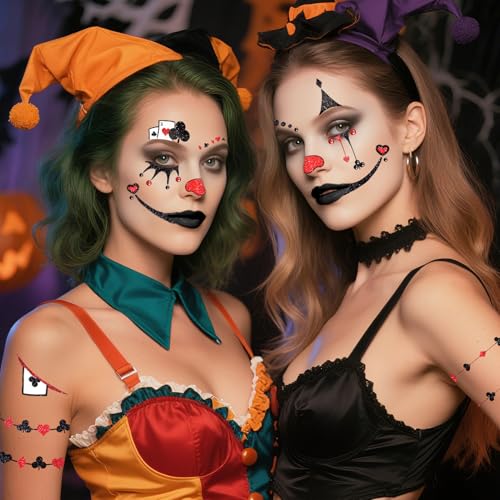 Halloween Clown Face Tattoos & Face Gems Costume Makeup Kit